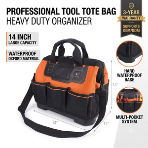 Professional 14 Inch Waterproof Oxford <b>Tool</b> Tote Bag Heavy Duty Organizer with Hard Base, Pockets and Shoulder Strap - Product Image 1
