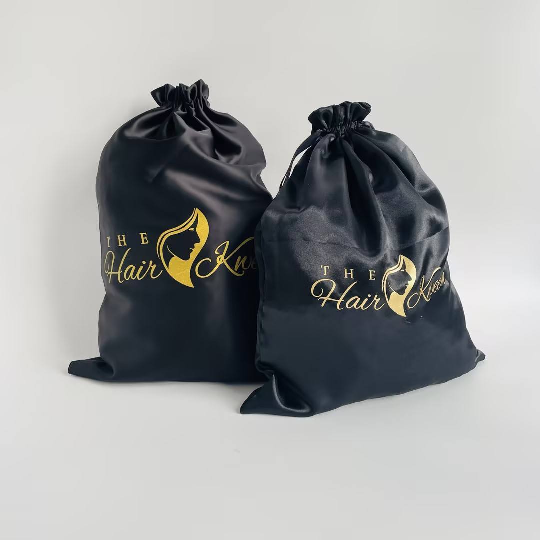 Black satin drawstring bag