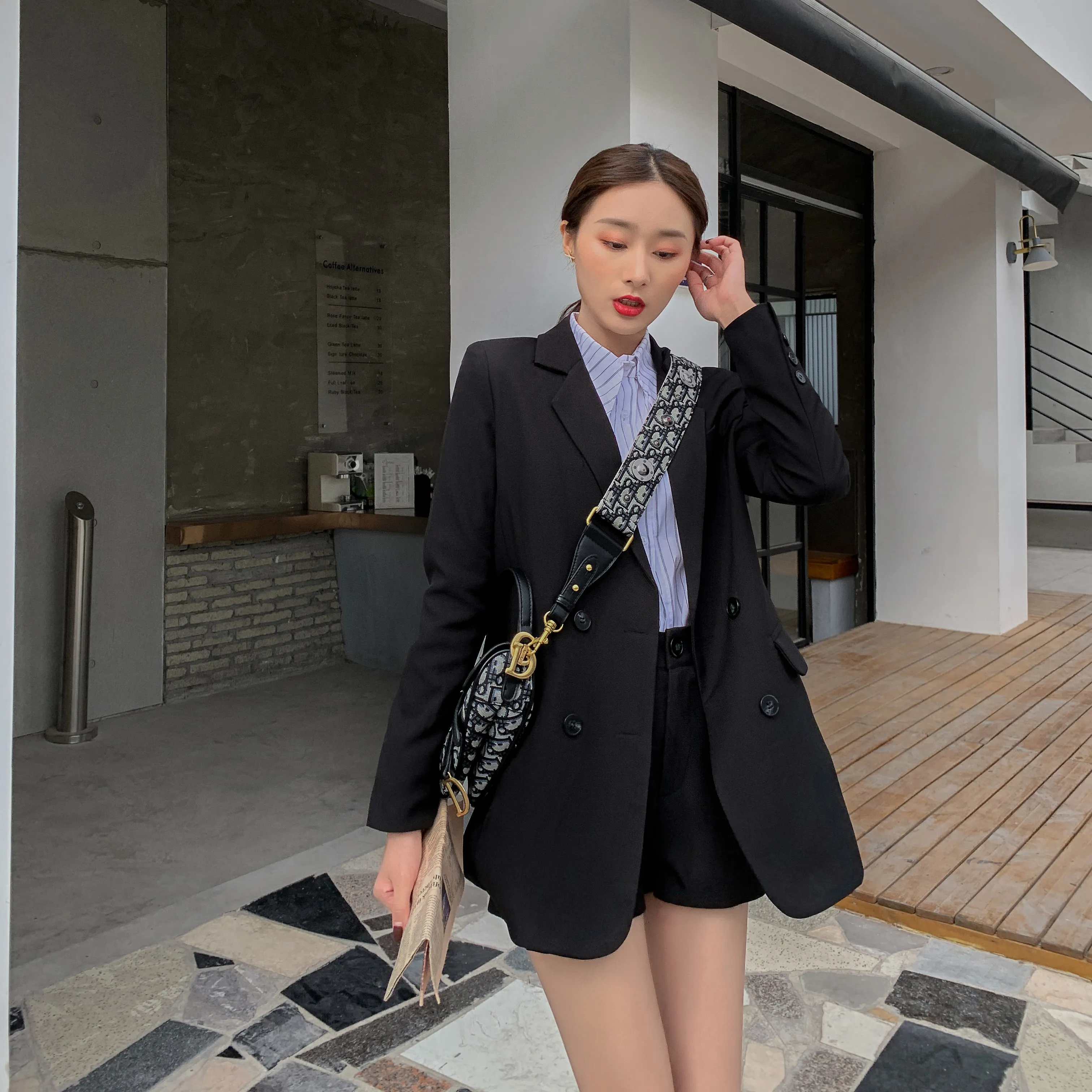 LY4 Pakaian Kantor Wanita Gaya Korea, Pakaian Kantor Set Dua Potong dengan Sabuk, Pakaian Trendi Musim Gugur 2021