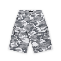 Shorts cargo streetwear gris et blanc camouflage, coupe vintage épaisse, poches utilitaires, fermeture boutonnée – Fournisseur de shorts vintage très demandés