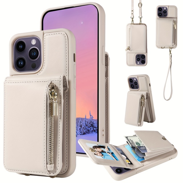 Wallet Case for IPhone 15/14/13/12/11 Pro Max RFID Credit Cards Holder Zipper Faux Leather Case With Wrist Strap & Handbag Case