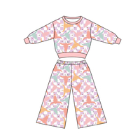 Preorder Pakaian Bayi Perempuan Kustom, Atasan Lengan Panjang Model Koboi Barat dengan Kerah Bulat untuk Musim Gugur, Celana Bell Bottom, Setelan Butik