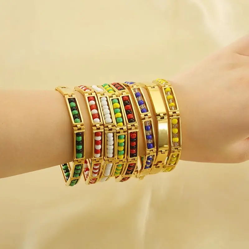 New Fashion 18K Gold Plated Stainless Steel Sacred Link Wristband Bracelet Colorful Beads Africa India Power Santeria Bracelet