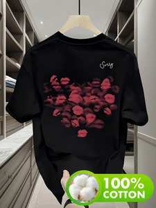 T-shirt Unisex a Maniche Corte 100% Cotone Girocollo Casual Estivo con Stampa Labbra per Appuntamenti e San Valentino - Product Image 3