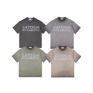 SATOSHI NAKAMOTO Nouvelle Collection Printemps T-shirt en Coton Imprimé Délavé Effet Vieilli avec Cordon de Serrage Rayé Coupe Ample Style Streetwear - Product Image 5