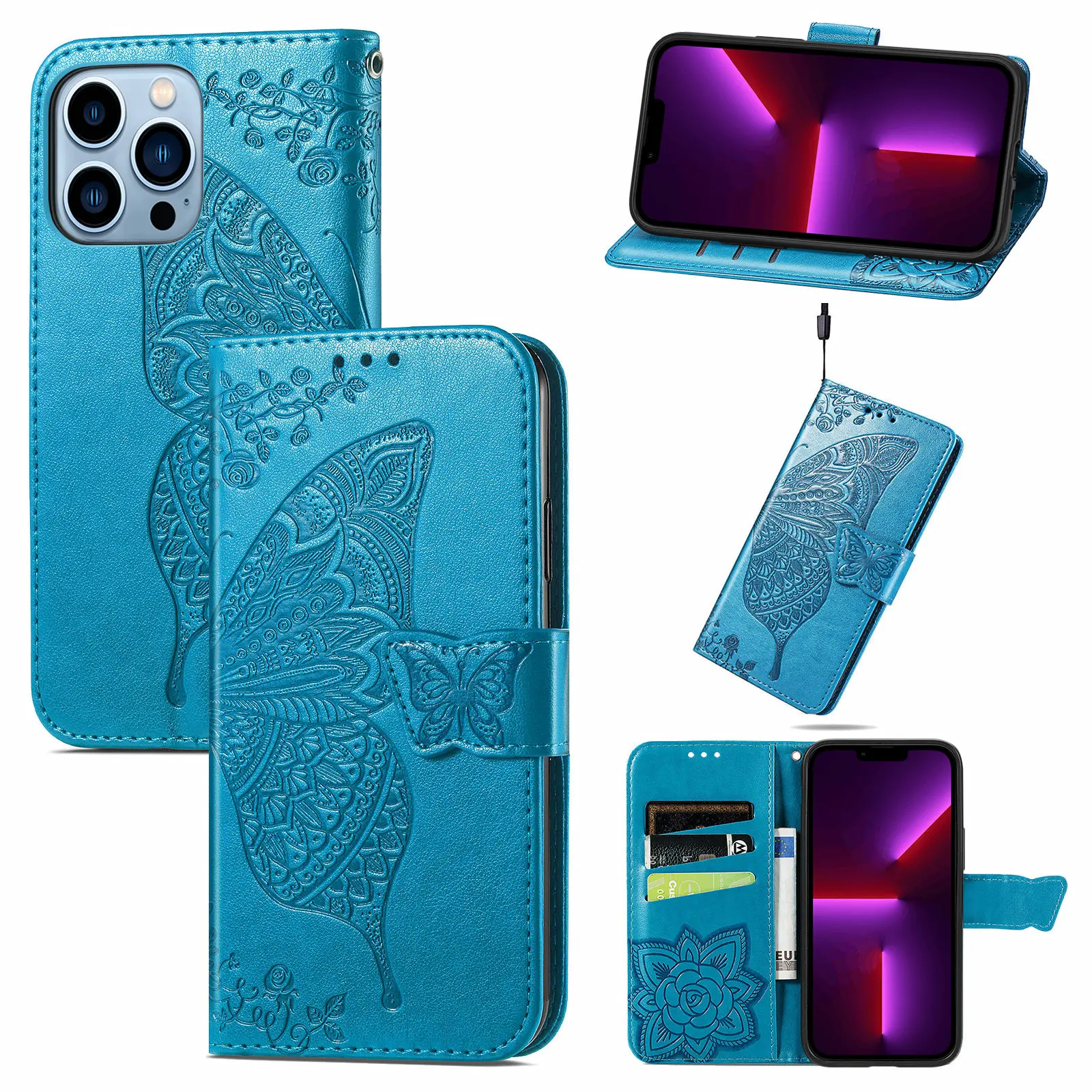 Free Sample Flip Butterfly Flower Embossed Shockproof Leather Wallet Cover Drop-proof Mobile Phone Case for iPhone 14 Pro 13 11