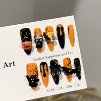 Faux ongles en résine française à presser, motif floral, forme amande, design citrouille et chauve-souris d'Halloween pour femmes