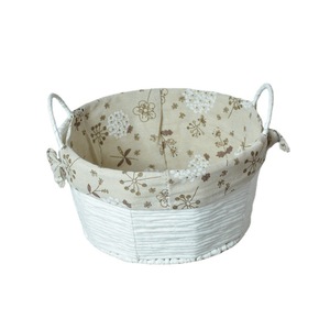Woven Storage <b>Basket</b> Round White Floral Print Cotton Fabric Home Organizer Desk Snack <b>Tray</b> - Product Image 5