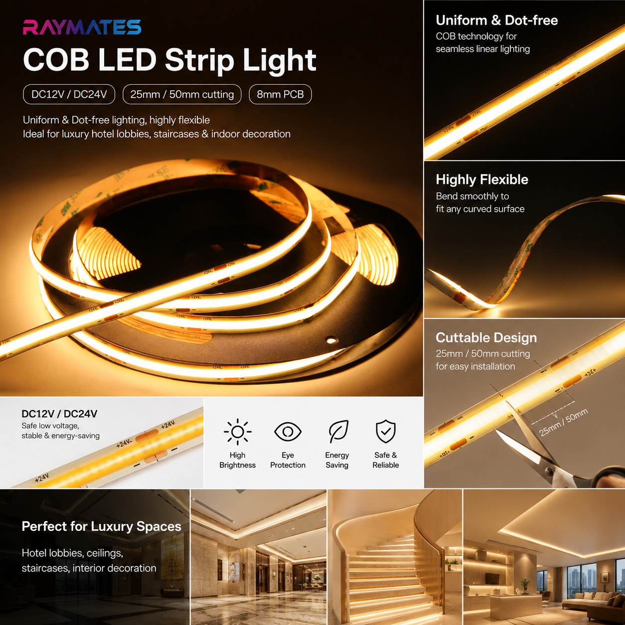UL Certified 3 Years Warranty High Quality FCOB Light Strip 480Leds COB LED Tape Light 24V 10W 3000K Flexible COB Light