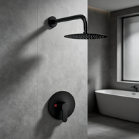Système de douche encastré monofonction noir mat de 10 pouces - Pommeau de douche rond effet pluie avec bras courbé mural et robinet pour un design moderne