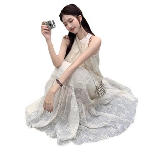 Halter Neck Long Dress Apricot Polyester Empire Waist Wrap And Tie Beach Vacation Tea Break Style - Product Image 5