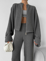 Ensemble de pulls tricotés personnalisés confortables pour femmes Pull à fermeture éclair côtelée épaisse Costume Pantalon Haut Automne Hiver Chandails en tricot pour femmes Ensemble deux pièces