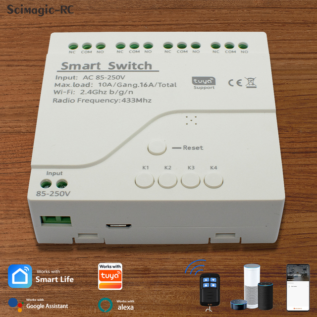 Works with Tuya Smart Wifi Motor Switch 85-250V 220V RF 433 Radio Remote Control 4 Channels Inching Relay for Alexa Google Home