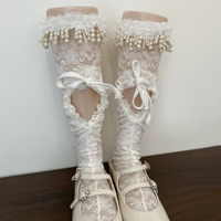 Chaussettes blanches en dentelle au-dessus du genou en polyester, avec nœud papillon, haut de gamme, effet froncé, en maille de soie, à lacets ouverts, pour femme et fille, avec volants