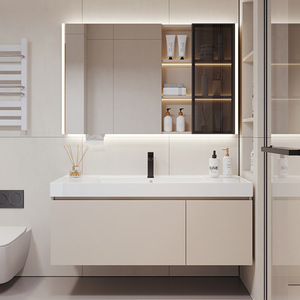 Moderno bianco crema bianco crema bagno vanità MDF carcassa con lavabo in ceramica lavabo specchio armadio per la casa - Product Image 4