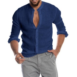 <span class=keywords><strong>Chemise</strong></span> décontractée bleue pour <span class=keywords><strong>homme</strong></span> en coton et lin, coupe ample, à manches longues, pour le printemps et l'été, élégante - Product Image 5
