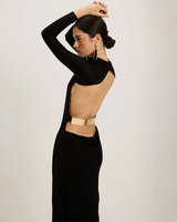 Robe longue sexy sans dos à manches longues pour femmes, robe élégante noire à col montant mi-haut, robe moulante pour soirée en club