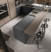 Îlot de cuisine avec bar à petit-déjeuner, armoire de cuisine sans poignée, finition grain de bois gris mat, stratifié PVC, panneau E1, ensemble de meubles sur mesure