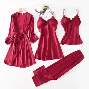 Hot new retail products four pieces sets women summer homewear bridal robe silk bathrobe Nightwear Satin Silk Sexy Lace dress