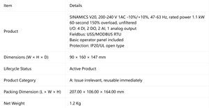 Variador de Frecuencia (VFD) SINAMICS V20 Nuevo y Original, 200-240V 1AC 47-63Hz 1.1kW 6SL3210-5BB21-1UV1 - Product Image 4