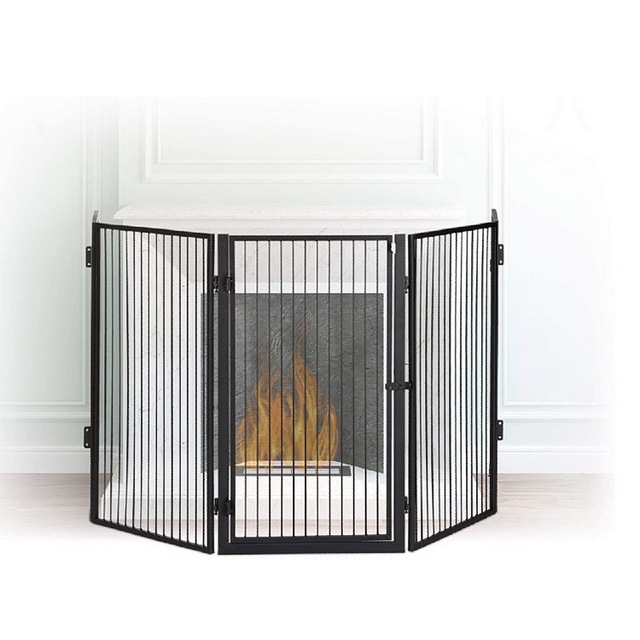 3 Panels Black Fire Spark Guard Grate Large Steel Mesh Fireplace Screen With Tool Sets