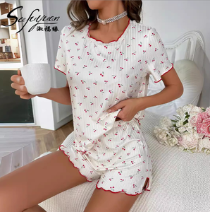 SFY-YH00114 vendita all'ingrosso su misura con stampa ciliegio estivo camicia manica corta 2 pezzi PajamasSleepwear per donna - Product Image 1