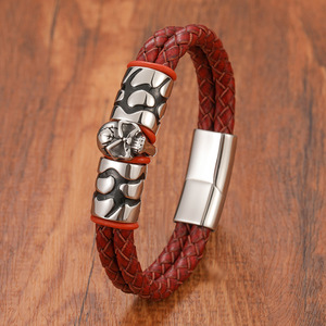 Factory Outlet Double Leather Rope Woven <b>Bracelet</b> Stainless Steel Magnetic Clasp Genuine Leather Metal Skull for Mens <b>Bracelet</b> - Product Image 3