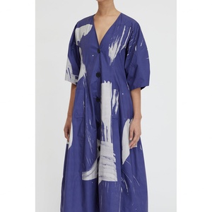 Customized <b>Ink</b> Wash Printed Short Sleeved Autumn Dress With Button Pockets - Product Image 3