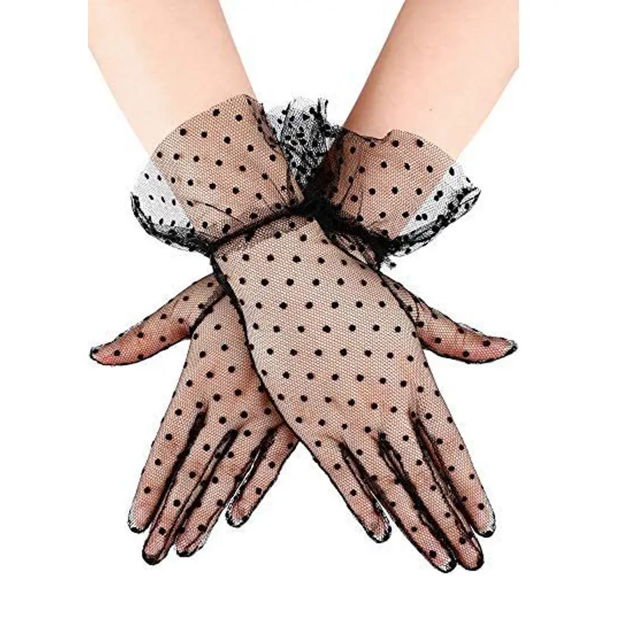 Lace black polka dot short lace gloves Women's breathable ride sunscreen wedding bride wedding gauze dot gloves