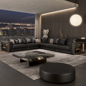 Sofá Esquinero Modular Moderno Visionnaire Babylon de Cuero Genuino con Patas de Acero Inoxidable Negro y Relleno de Esponja para Sala de Estar, Garantía de 5 Años - Product Image 1