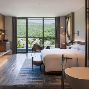 Lit d'hôtel de villégiature économique, cadre en bois MDF et contreplaqué, tailles personnalisées Queen et King, avec panneau de tête de lit en tissu de lin doux, ensemble de chambre à coucher - Product Image 5