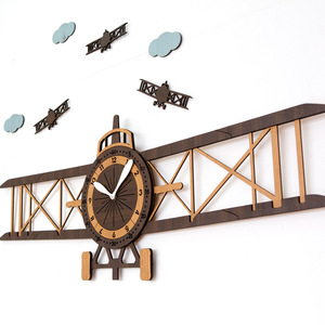 Wooden Airplane <b>Wall</b> <b>Clock</b> Biplane <b>Design</b> Battery Powered For Living Room Decor - Product Image 2