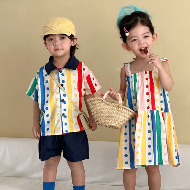 Children's Summer Dot Vertical Stripe Cotton Boy's Short Set and Baby Girl's Overall Dress Matching Sets Sibling Outfits