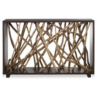 Table d'appoint de couloir style ferme, branches de teck, console d'intérieur, table de designer moderne, faite à la main, en bois massif, mobilier durable
