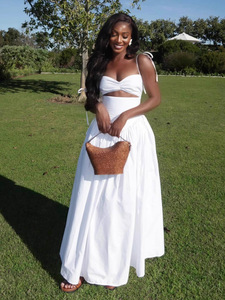 Elegante Abito Lungo Bianco Senza Schienale, Vestito Arricciato Tinta Unita, Abbigliamento Casual e Confortevole per Donne Alla Moda - Product Image 3