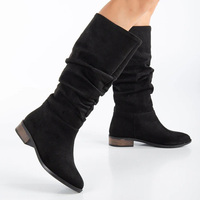 Bottes à enfiler aux genoux en cuir de daim végétalien personnalisées pour femmes, bottes mi-mollet vintage à bout rond et antidérapantes en daim végétalien noir
