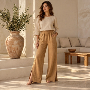 Pantalones de Pijama Largos de Verano para Mujer, de Lino y Algodón, Cintura Elástica, Pierna Ancha, Casuales - Product Image 1