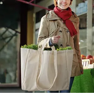本物のポケット、ロングショルダーストラップ、ショートハンドルキャンバスショッピングトートバッグを備えた頑丈な折りたたみ式コットン食料品バッグ