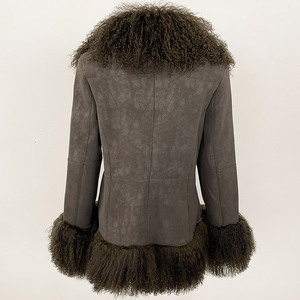 Nuovo Design: Cappotto in <span class=keywords><strong>Pelle</strong></span> e Pelliccia Personalizzato, Giacche Invernali in <span class=keywords><strong>Pelle</strong></span> Scamosciata per Donne con Collo e Polsini in Pelliccia Mongola - Product Image 2