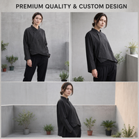 Chemise asymétrique noire en coton et lin pour femme, col montant, double boutonnage, fabrication OEM ODM, vente en gros, marque privée, personnalisable