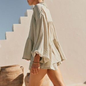 Manufacturer Loose Luxury Solid Color Hawaiian <b>Shirt</b> <b>and</b> <b>Shorts</b> Two Piece <b>Set</b> <b>Women</b> Custom Soft Linen Suit - Product Image 5