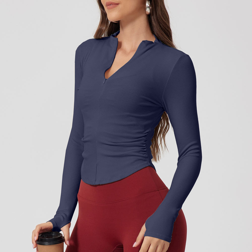 Ribbing Half Zipper Long Sleeves Workout Training Compression Crop Top Gym Women Sport T Shirt