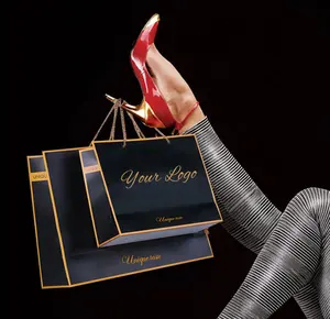 Gold Foil Oversize Shopping Bag Luxury Custom Logo Paper Black Bag With Ribbon Handle