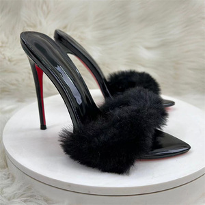 Mules de charol negro con punta en pico y decoración de piel, zapatos de tacón sin cordones para mujer, invierno - Product Image 2