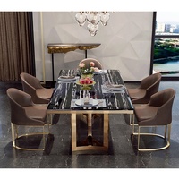 Table de salle à manger moderne de luxe en acier inoxydable doré avec plateau en marbre pour meubles de salle à manger ensemble de table à manger