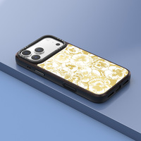 Coque de téléphone en verre A9 rouge foncé avec bordure noire, motif floral doré vintage et paillettes, protection intégrale pour 17 Pro, design personnalisable