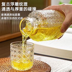 Retro Embossed Solid Pattern Crystal Glass <b>Cold</b> Water Pitcher Set 580ml Pitcher 200ml <b>Cup</b> Home Use Drinkware - Product Image 1