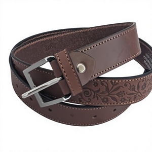 Western <b>Cow</b> Hide Leather Belt Steel Buckle Durable Vintage Style Solid Pattern Heavy Duty Waterproof Eco-Friendly Belts - Product Image 3