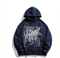 Sweat-shirt à capuche streetwear personnalisé imprimé Kornit, 100% coton, écologique, épais, effet vieilli, délavé à l'acide, bleu marine