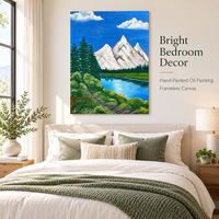 Peinture à l'huile abstraite, sommet de montagne enneigé, forêt persistante, lac bleu, art mural, décoration de salon, décoration de la maison